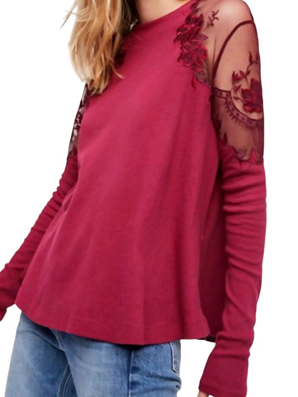 Free People Daniella Embroidered Illusion Top Wine Size S